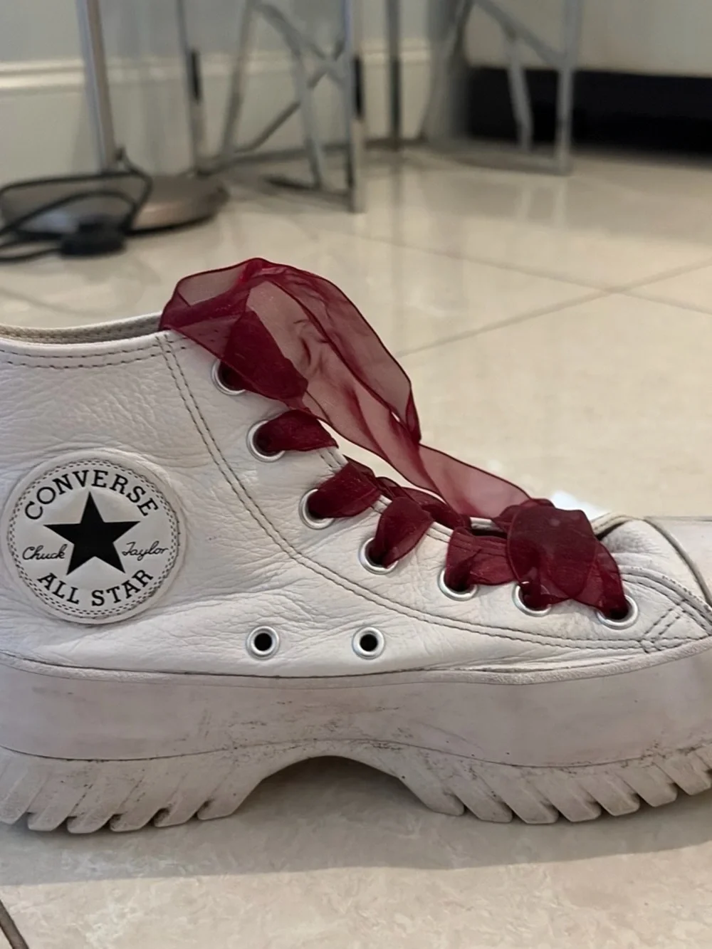 Converse White Platform Sneakers with Burgundy Ribbon Laces